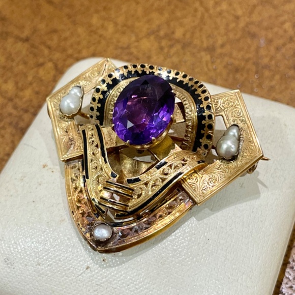 Antique Victorian 14k Yellow Gold Natural Amethyst Pearl Black Enamel Brooch - Picture 7 of 11